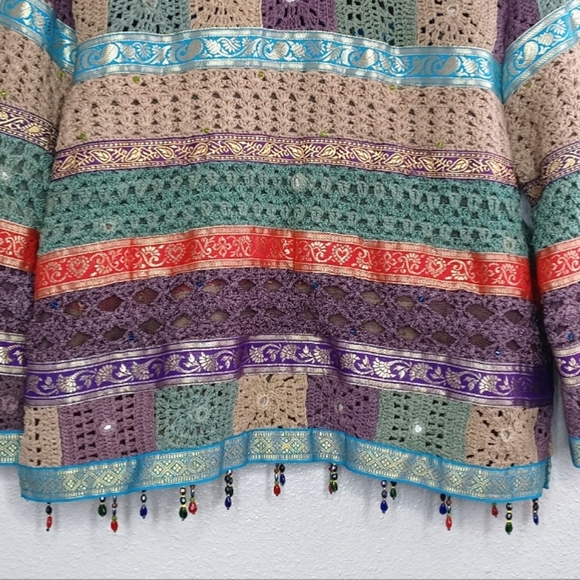 Vintage 90's Boho Patchwork Beaded Accents Sz L Relaxed Artisan Crochet Sweater - Picture 5 of 12